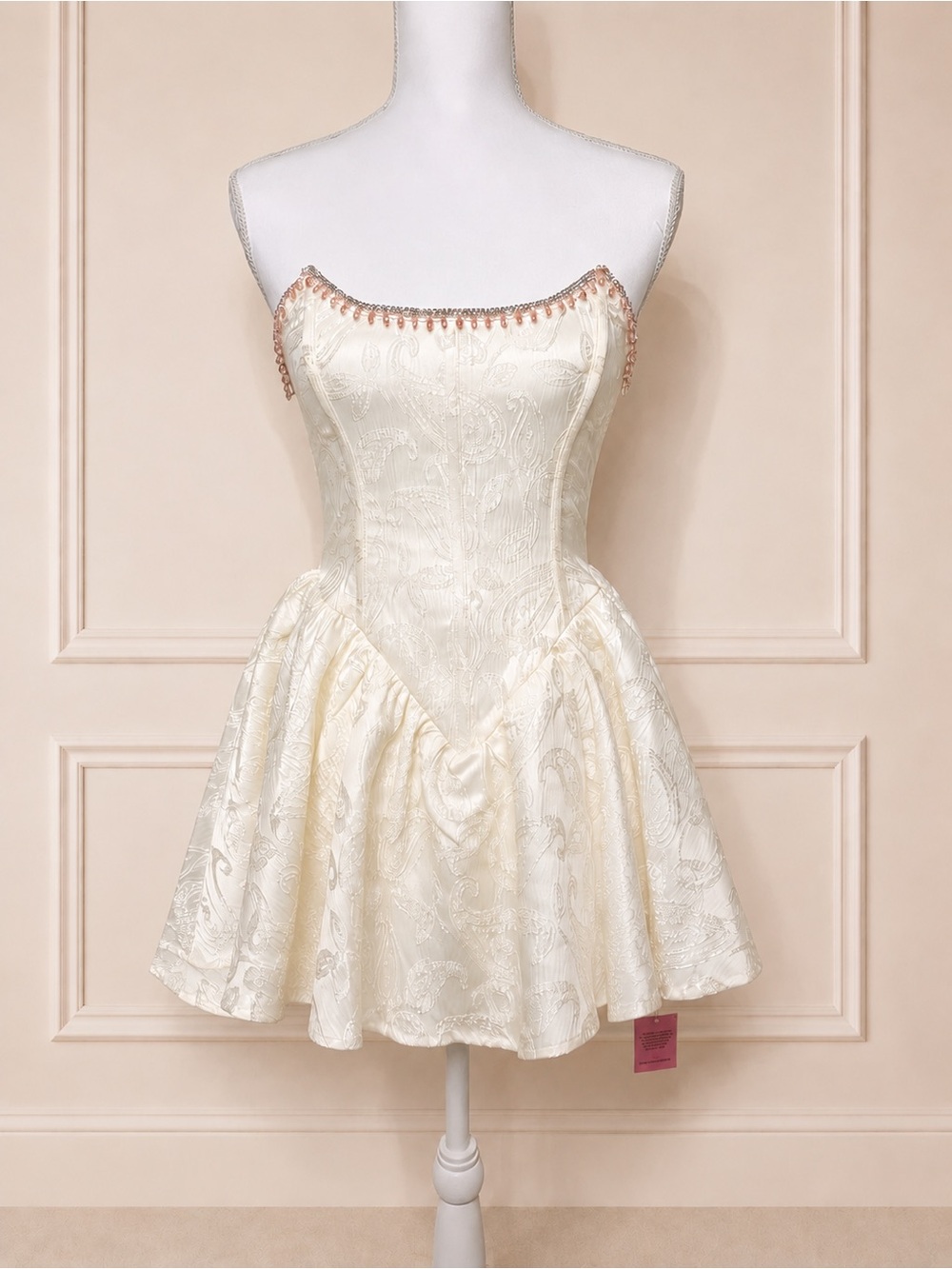 NWT PrettyLittleThing Petite Cream Embellished Bandeau Mini Dress US 4 Coquette